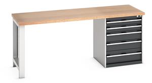 Bott Cubio Pedestal Bench with Multiplex Top & 5 Drawers - 2000mm Wide  x 750mm Deep x 840mm High. Workbench consists of the following components for easy self assembly:... 840mm High Benches